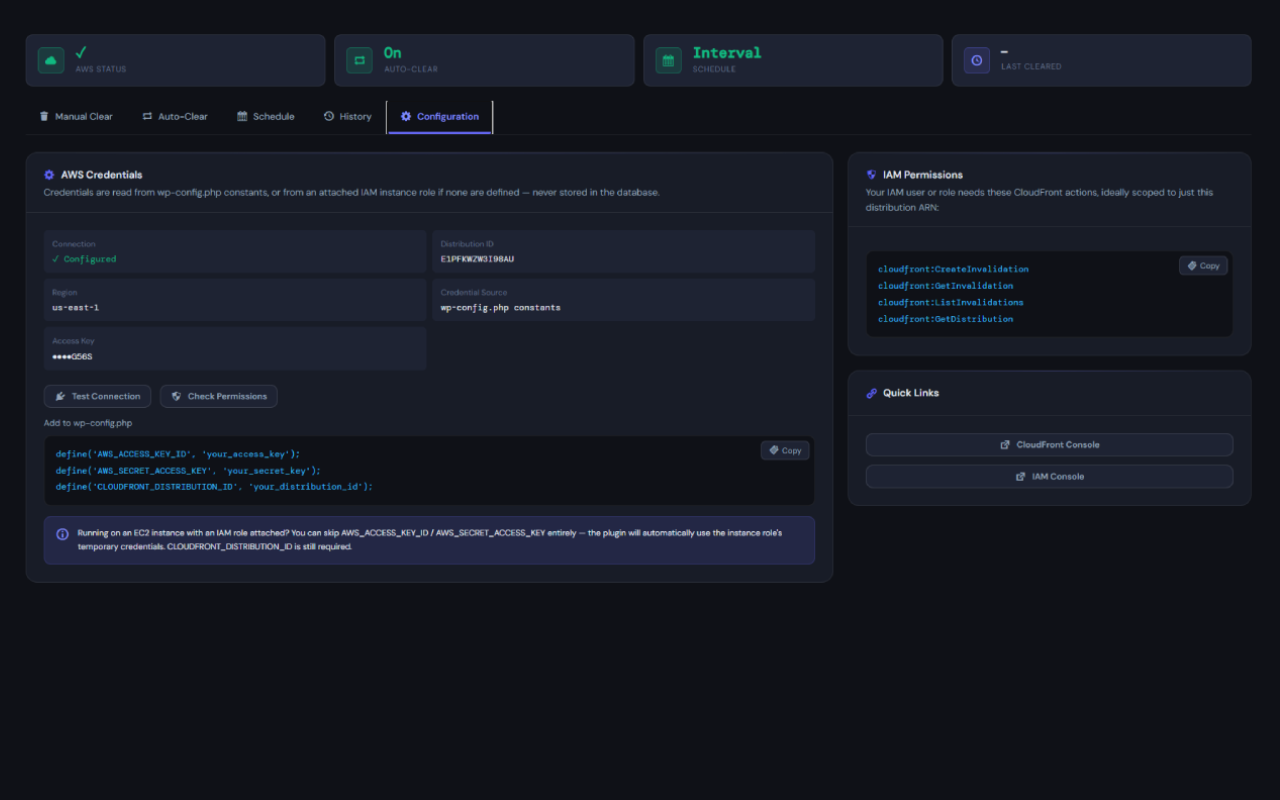 Configuration tab — AWS credential status, Test Connection, Check Permissions, and IAM setup guidance