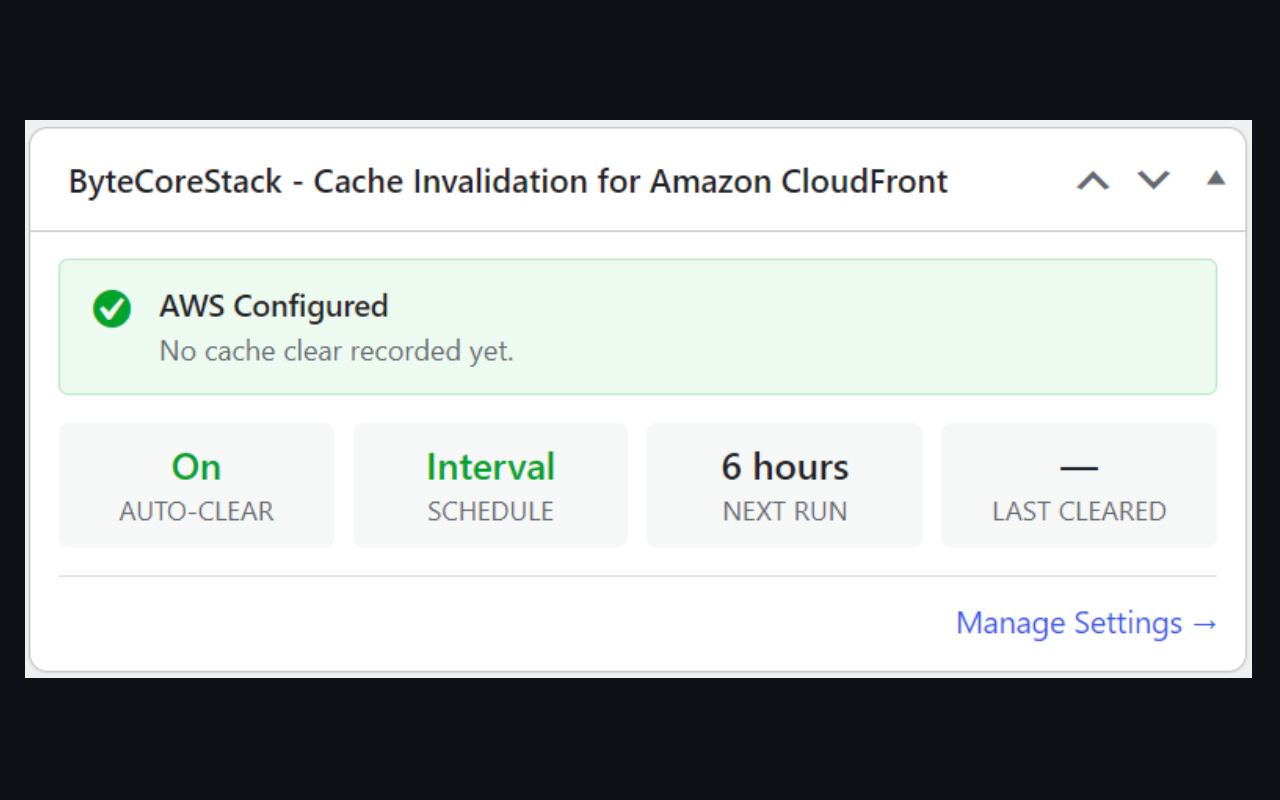 WordPress Dashboard widget — AWS status, Auto-Clear/Schedule state, and last cleared time at a glance