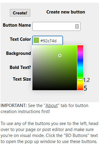 Color picker for text and background colors.