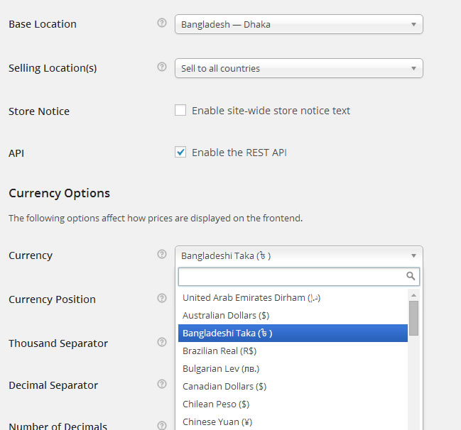 Configure Bangladeshi Taka BDT symble (৳) Woocommerce > Settings.