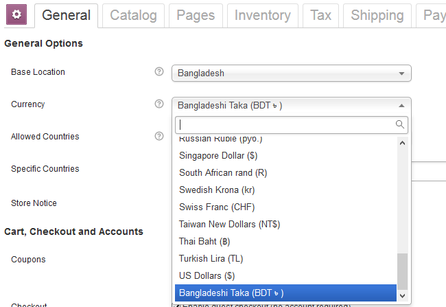 Configure Bangladeshi Taka (BDT &#2547;) Woocommerce > Settings.