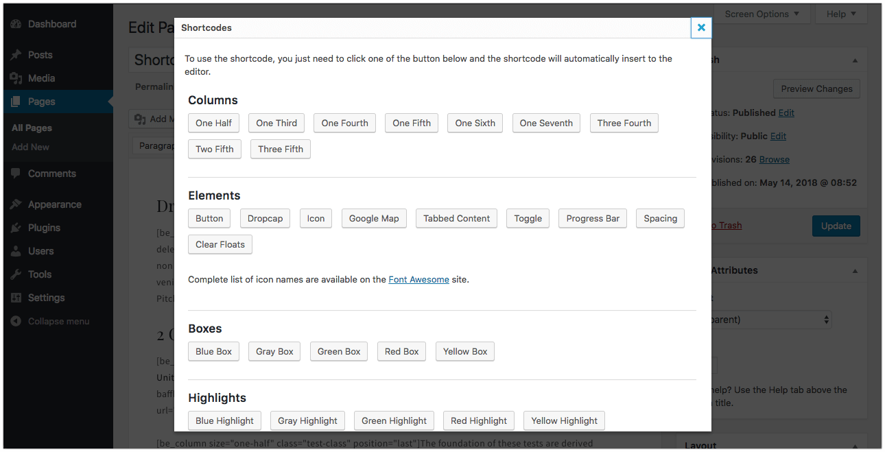 The shortcodes are conveniently displayed in a pop-up box for quick selection.