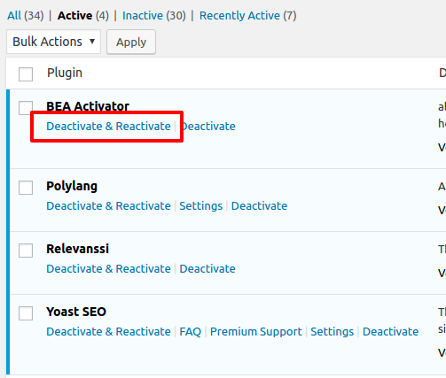 Plugin's admin new button for quickly deactivate & reactivate a plugin.