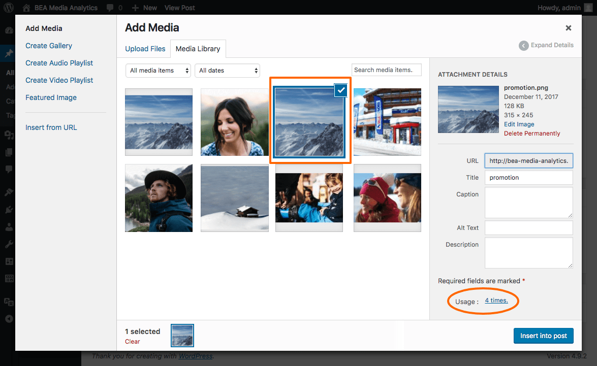 In the media library modal view, when a media is selected, a bloc has been added to display the number of usages.