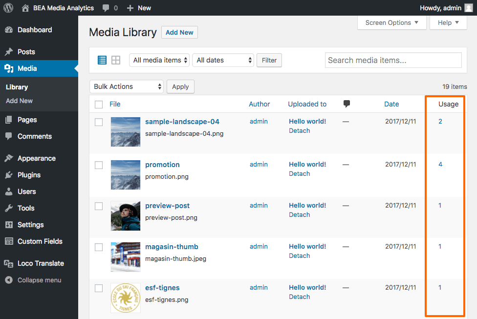 On the media admin library view, an admin column has been added to display the number of usages.