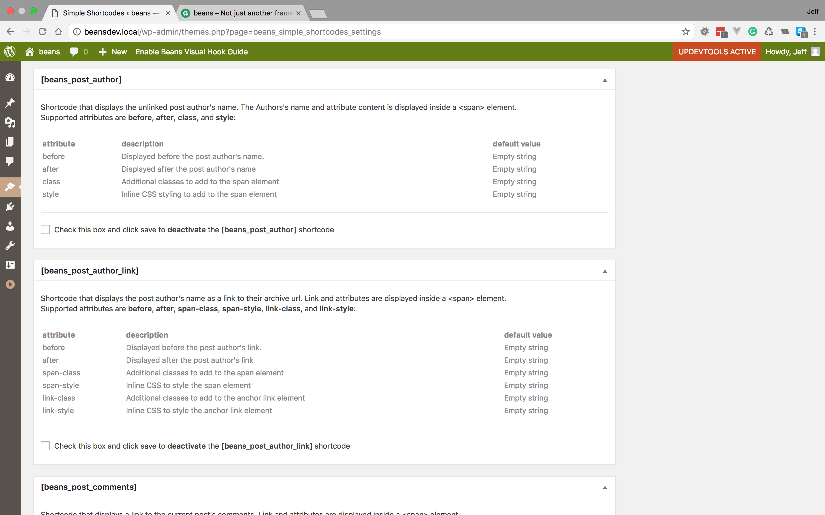 Shortcode settings - displays attributes and enable/disable checkbox