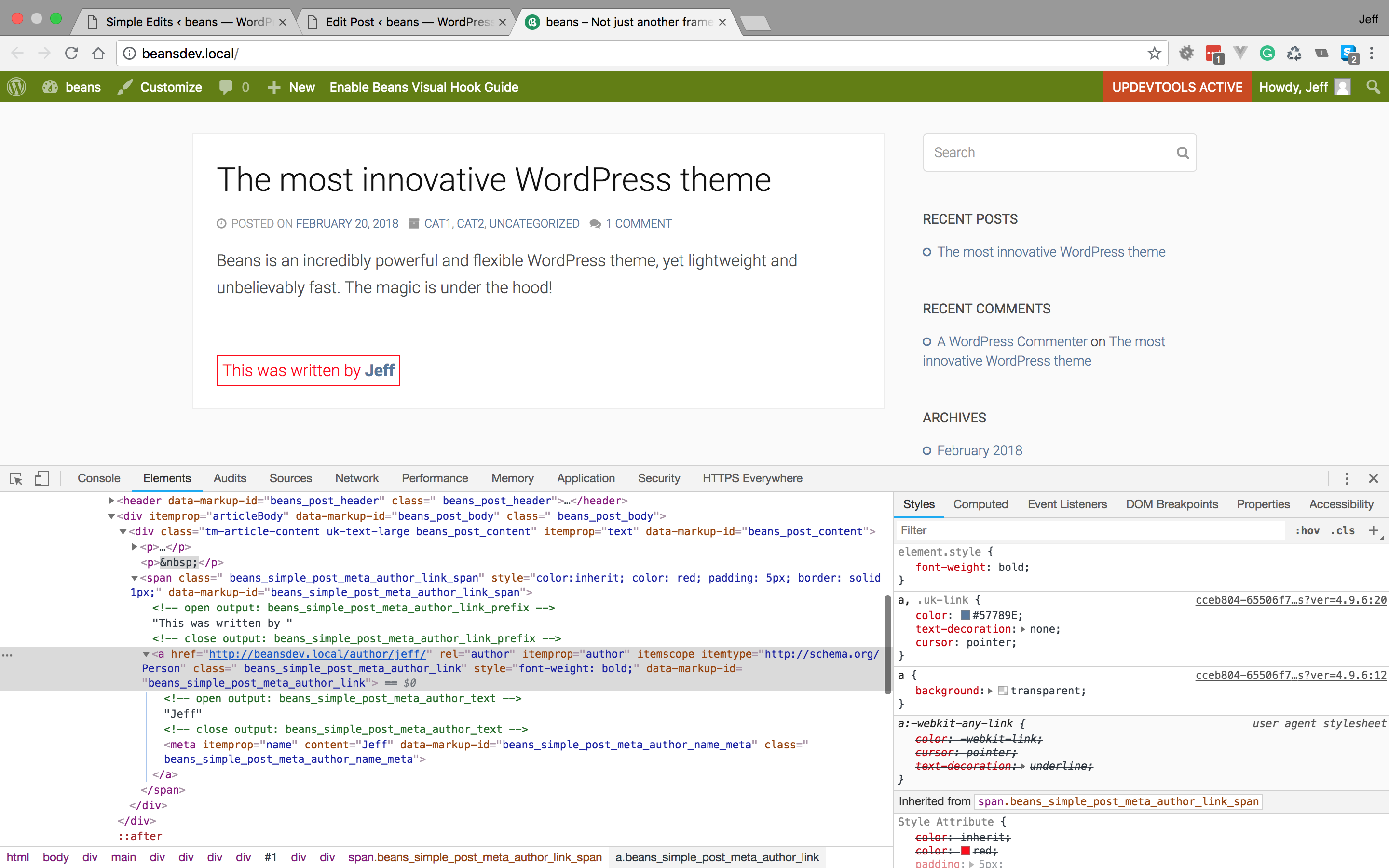 Site data is displayed using the Beans HTML API with dynamic hooks.