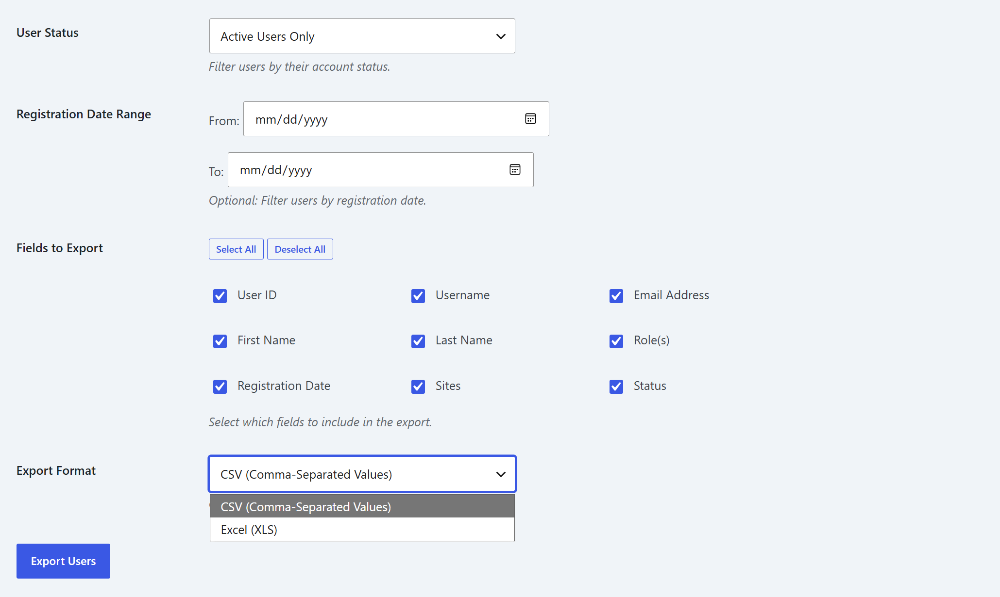 Field selection, status filter, registration date range, and format