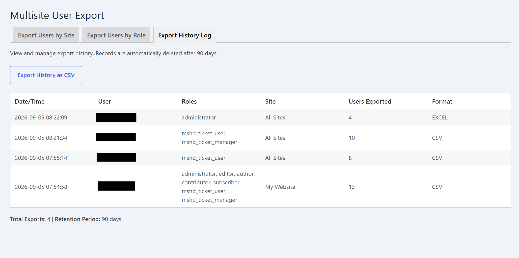 Export History Log: the full audit trail, downloadable as CSV