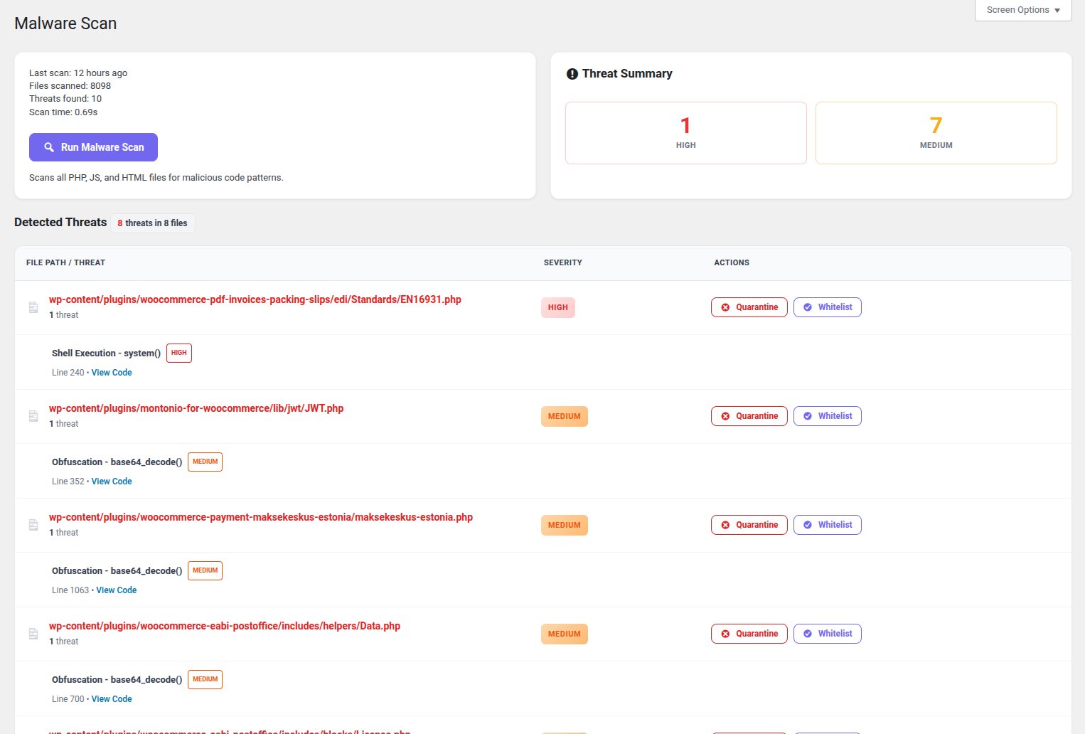 **Malware Scanner** - Detailed threat detection with one-click quarantine