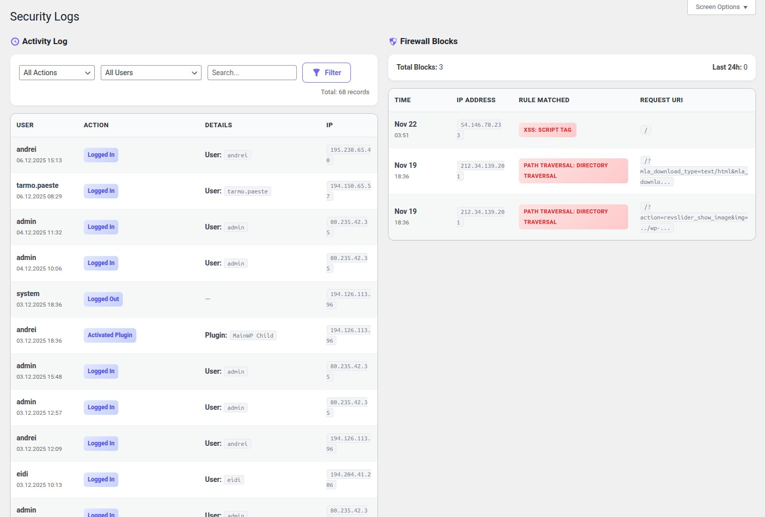 **Login Security** - Track login attempts and block suspicious activity