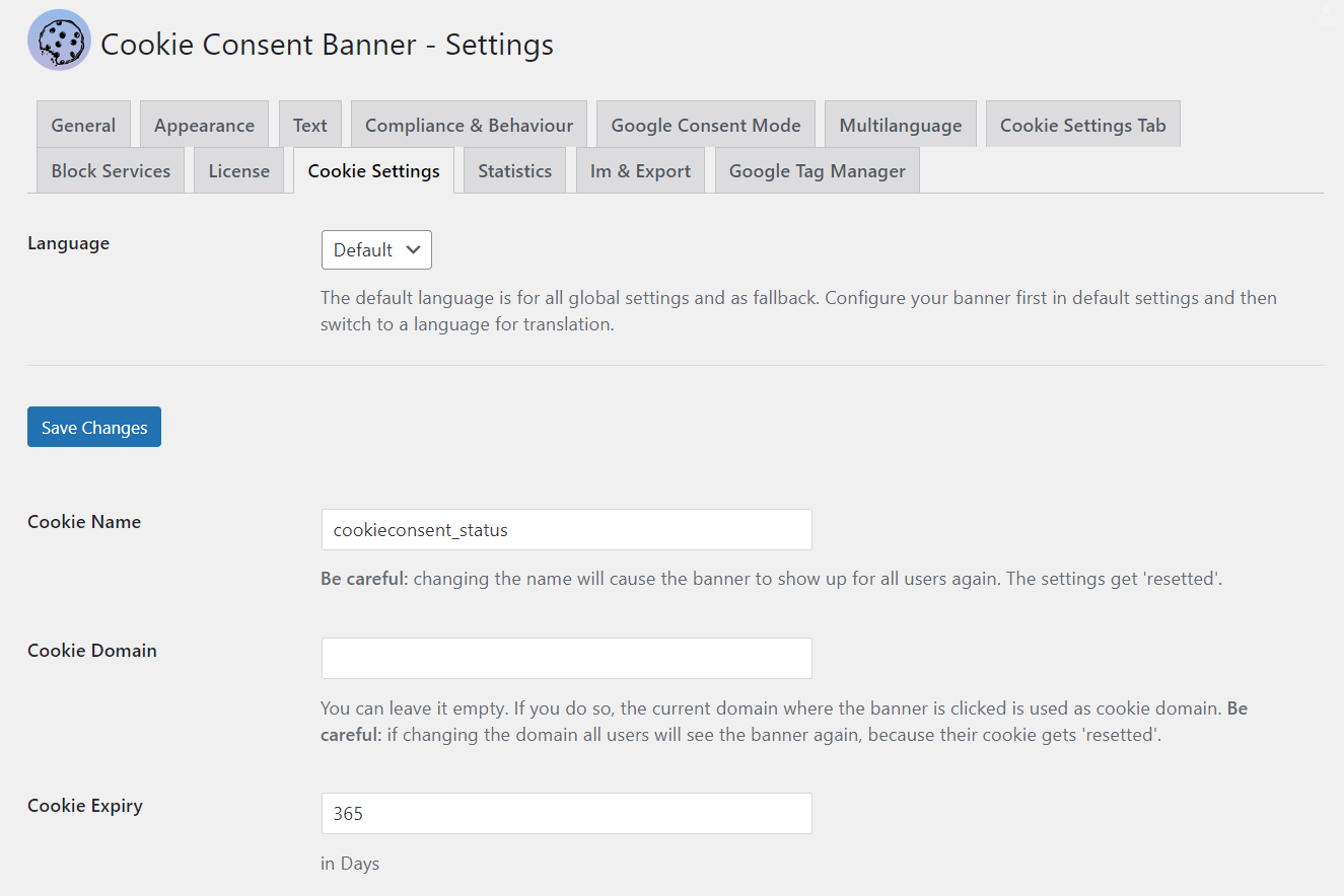 Cookie Banner admin settings area with banner example.