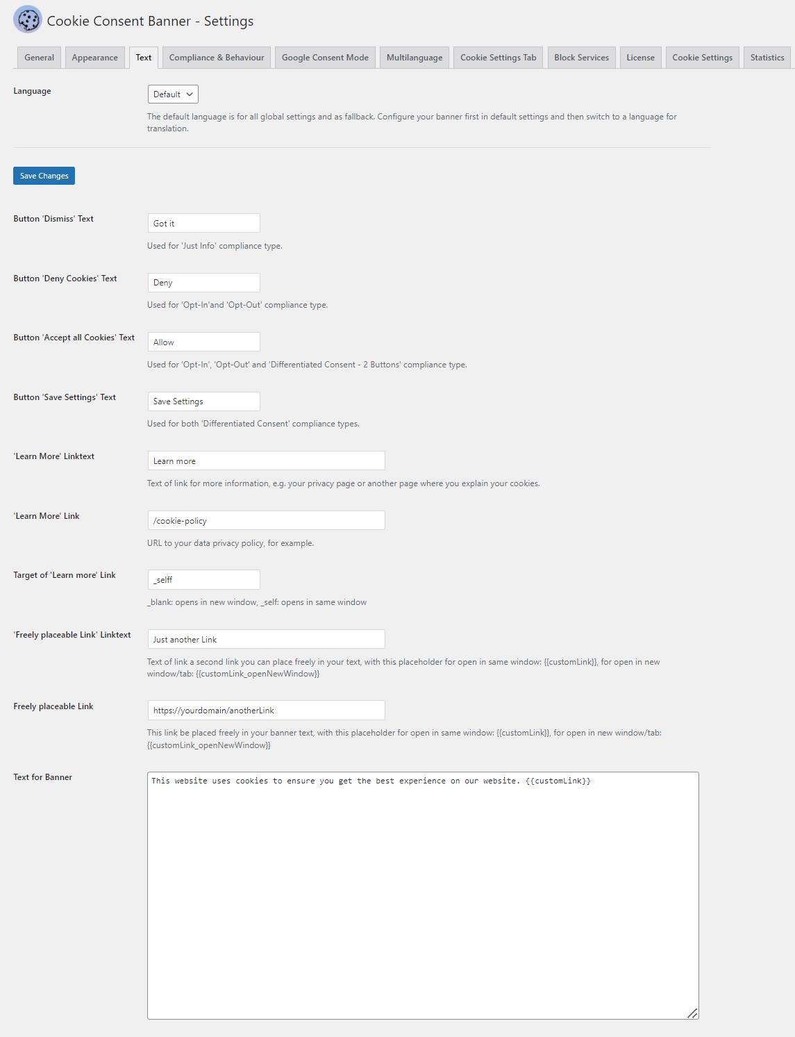Desktop Example of the cookie banner with top bar.