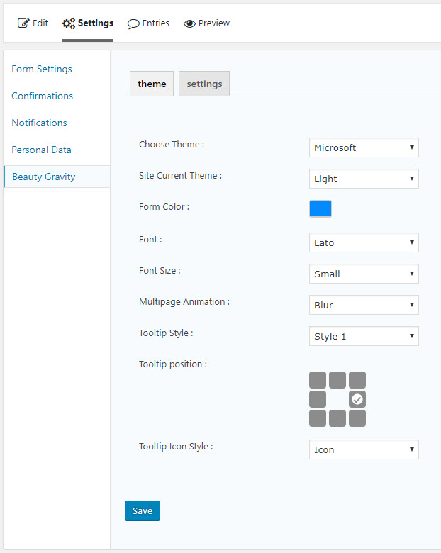 Add theme, font and trnsition to Gravity Forms.