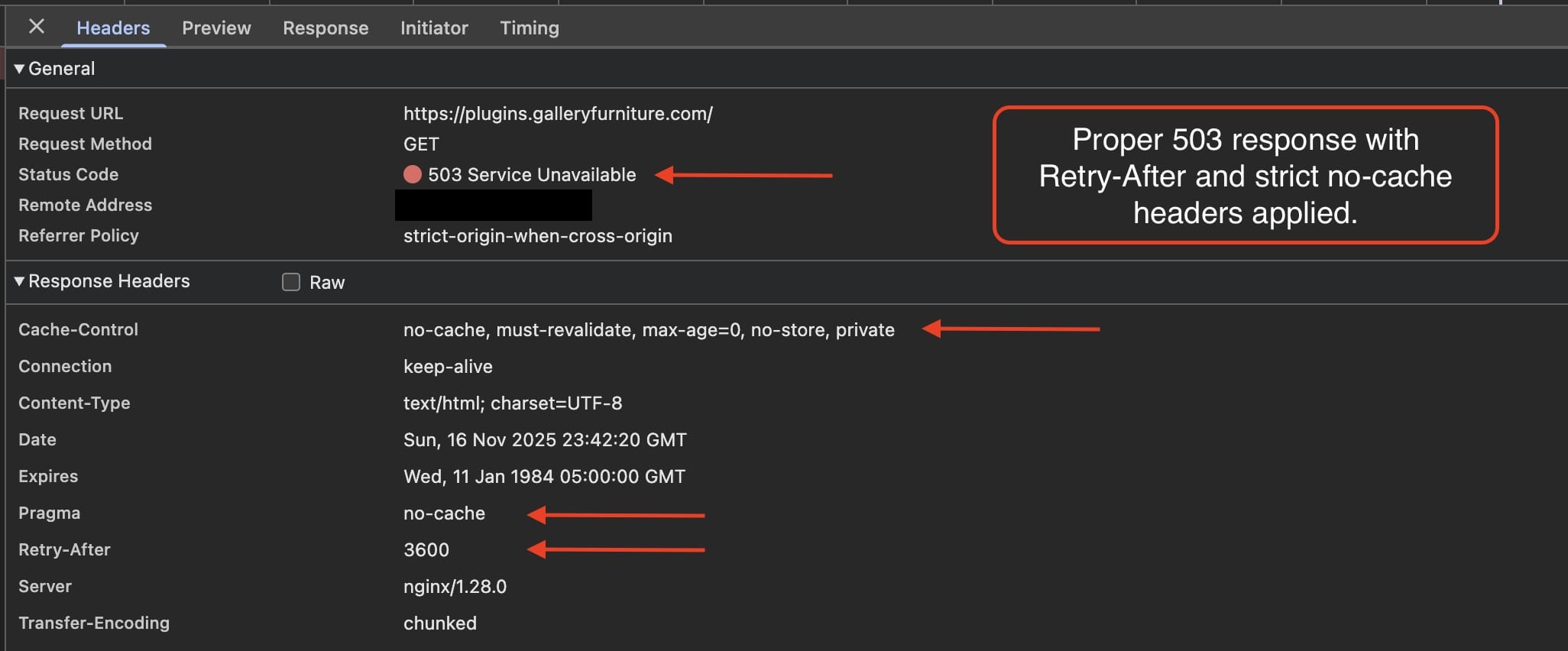 Proper 503 response with Retry-After to protect SEO and no-cache headers