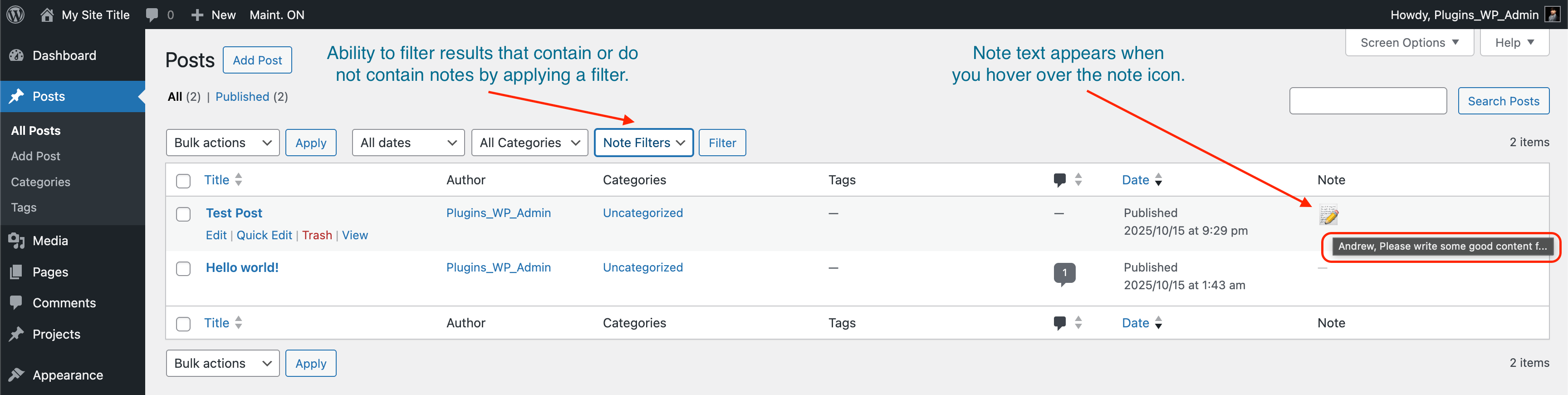 View and filter notes in the admin list table. Hover over the note &#128221; icon to preview the note text.