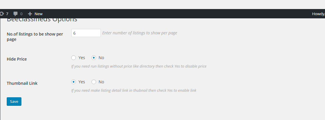 Listing admin options