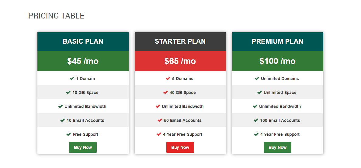 Pricing Table Sample 1