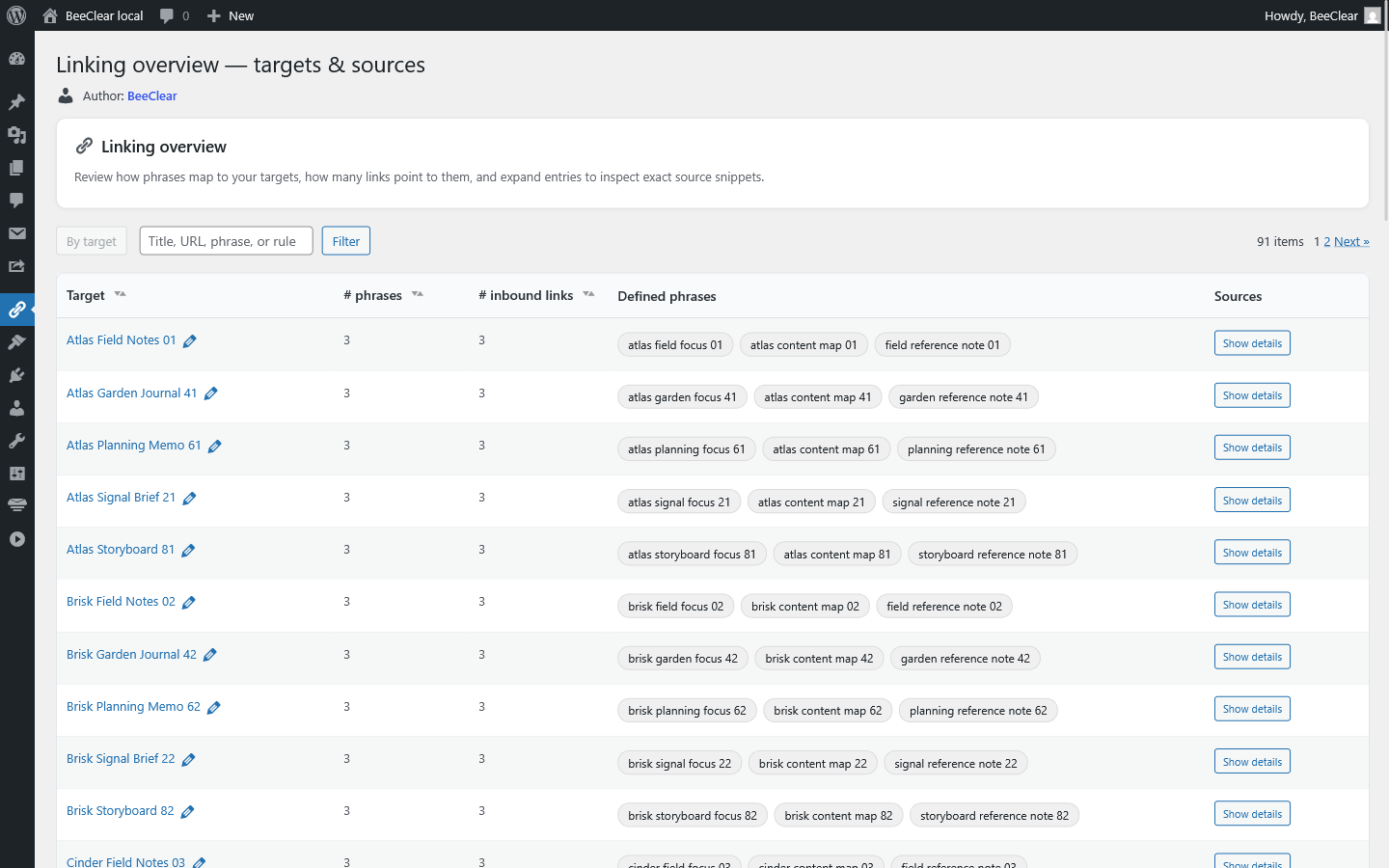 Linking overview — targets & sources report listing every target with its number of defined phrases, number of inbound links, the defined phrases themselves and quick access to the list of source posts.
