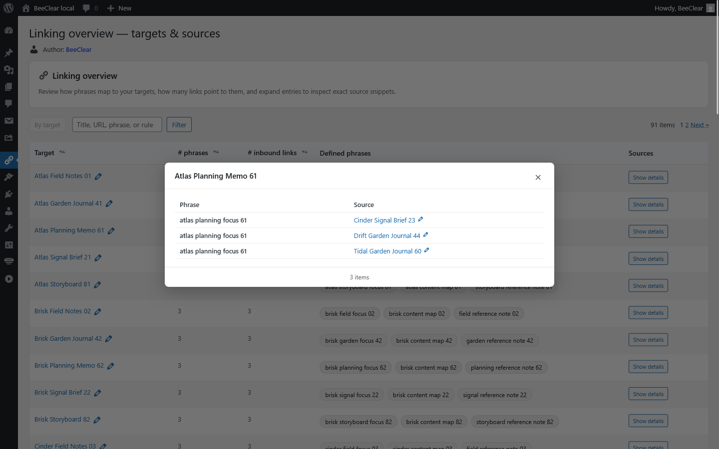 Target details popup — a quick view opened from the overview showing all phrases linking to a specific target together with the source posts where those links are injected.