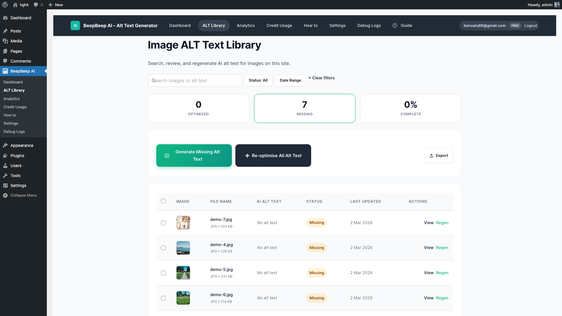 Bulk edit workflow in the WordPress Media Library where multiple images are selected and processed together, making large-scale alt text cleanup faster and more consistent.