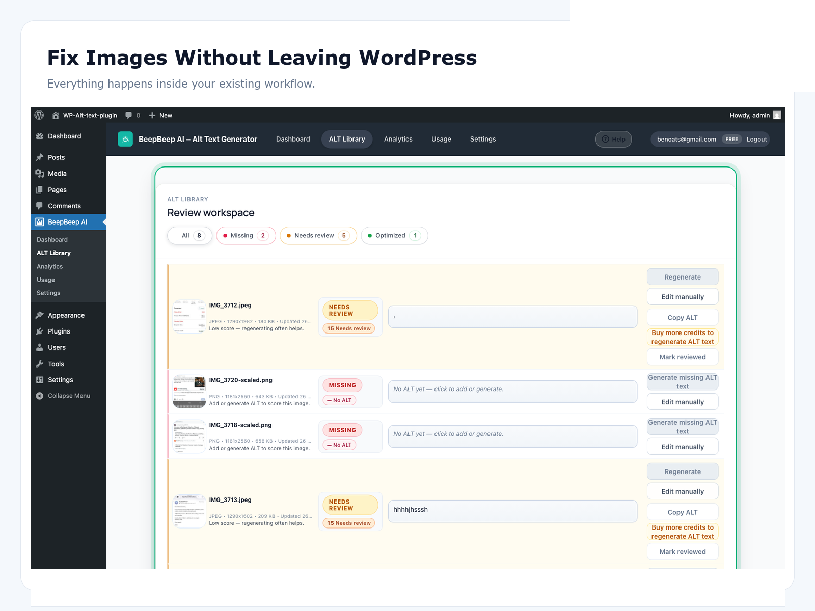 Review, edit, and score AI alt text before saving it live.