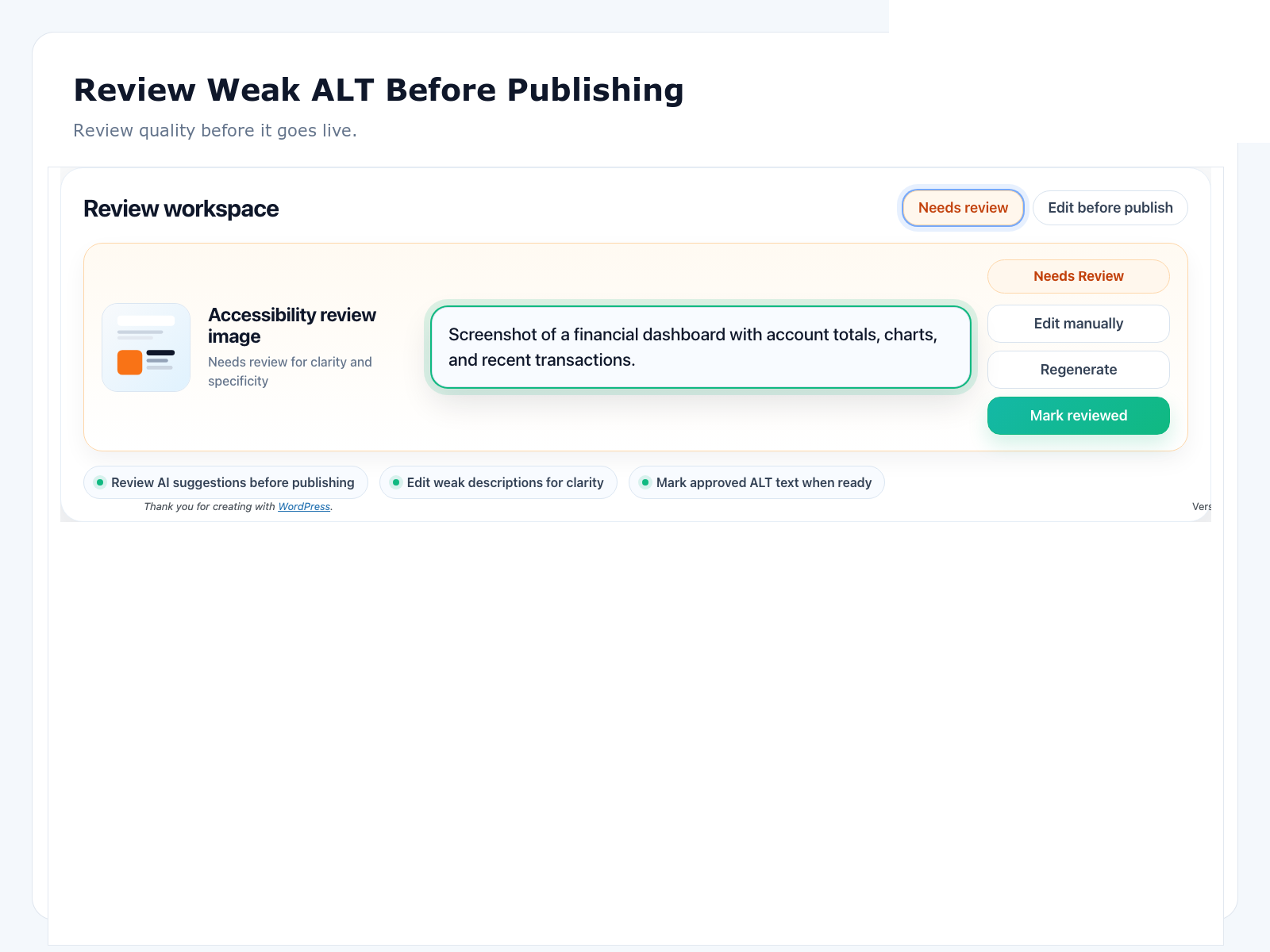 BeepBeep AI works inside WordPress so you can scan, review, and optimise images without leaving wp-admin.