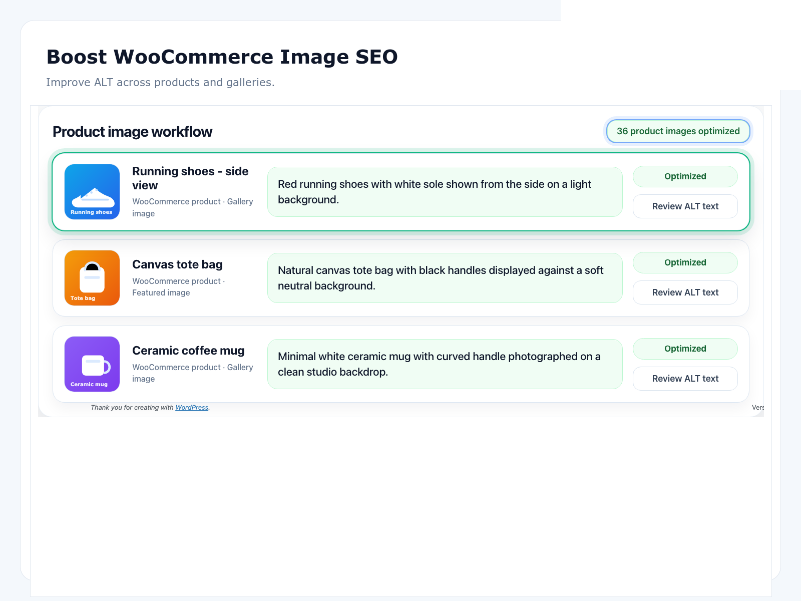 Settings screen for automatic AI alt text on new uploads.