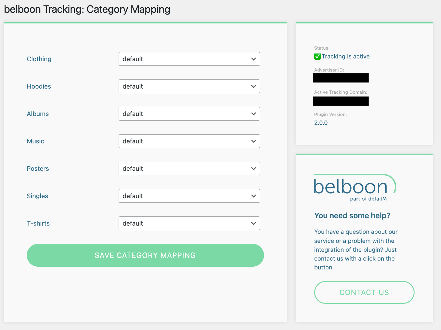 Form to map your shop categories to your tracking categories - only if basket tracking is activated.