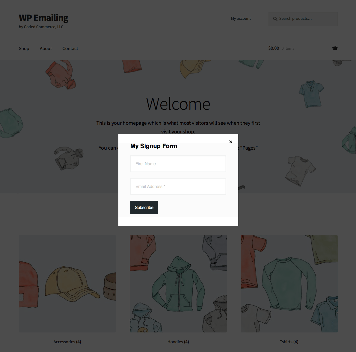 This is a sample pop-up signup form being used on a home page.