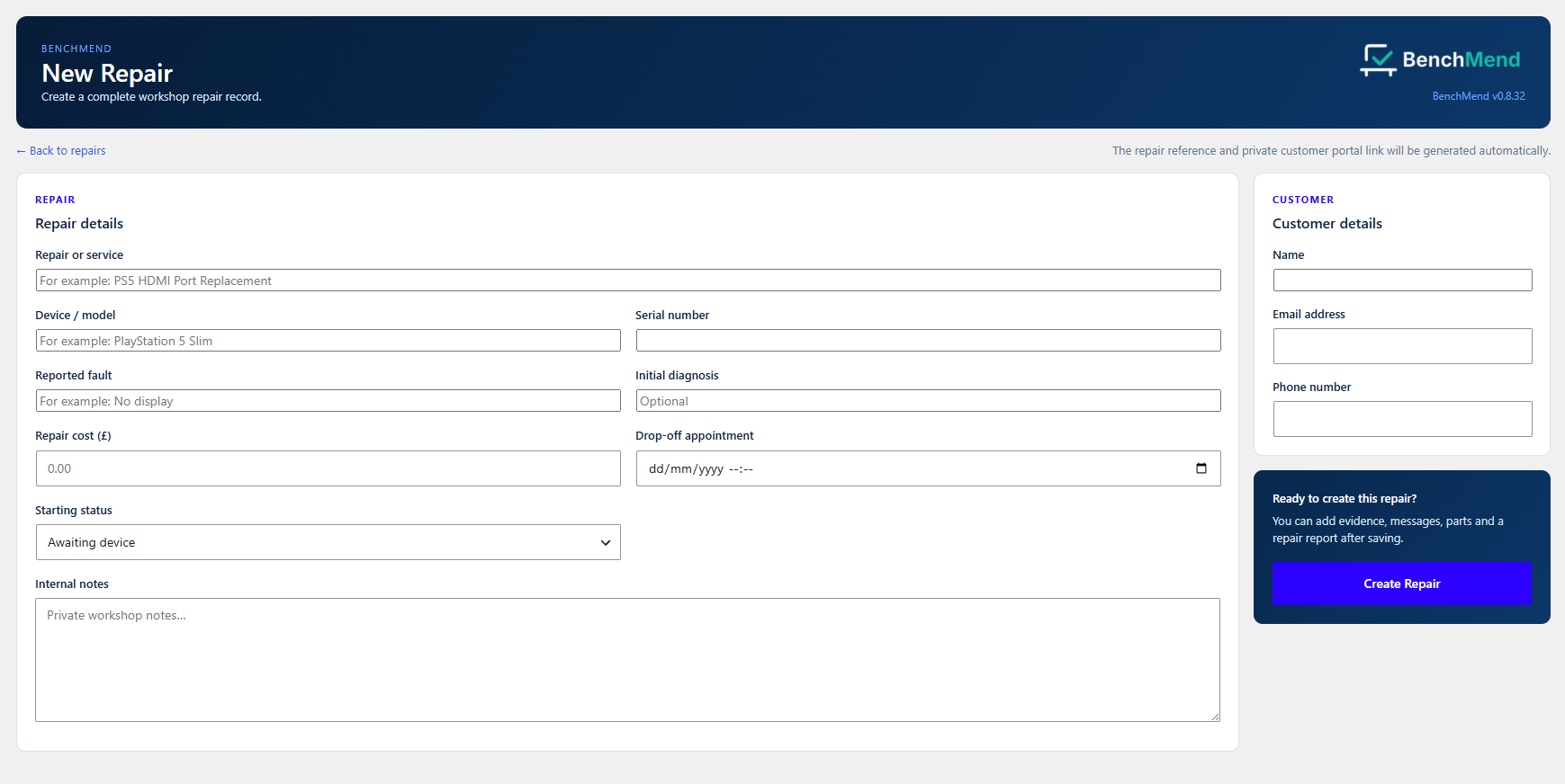Repair editor with customer, device, appointment and workflow details.
