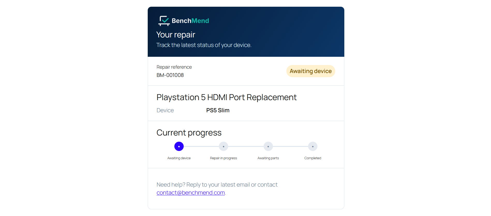 Private customer repair page with live progress information.
