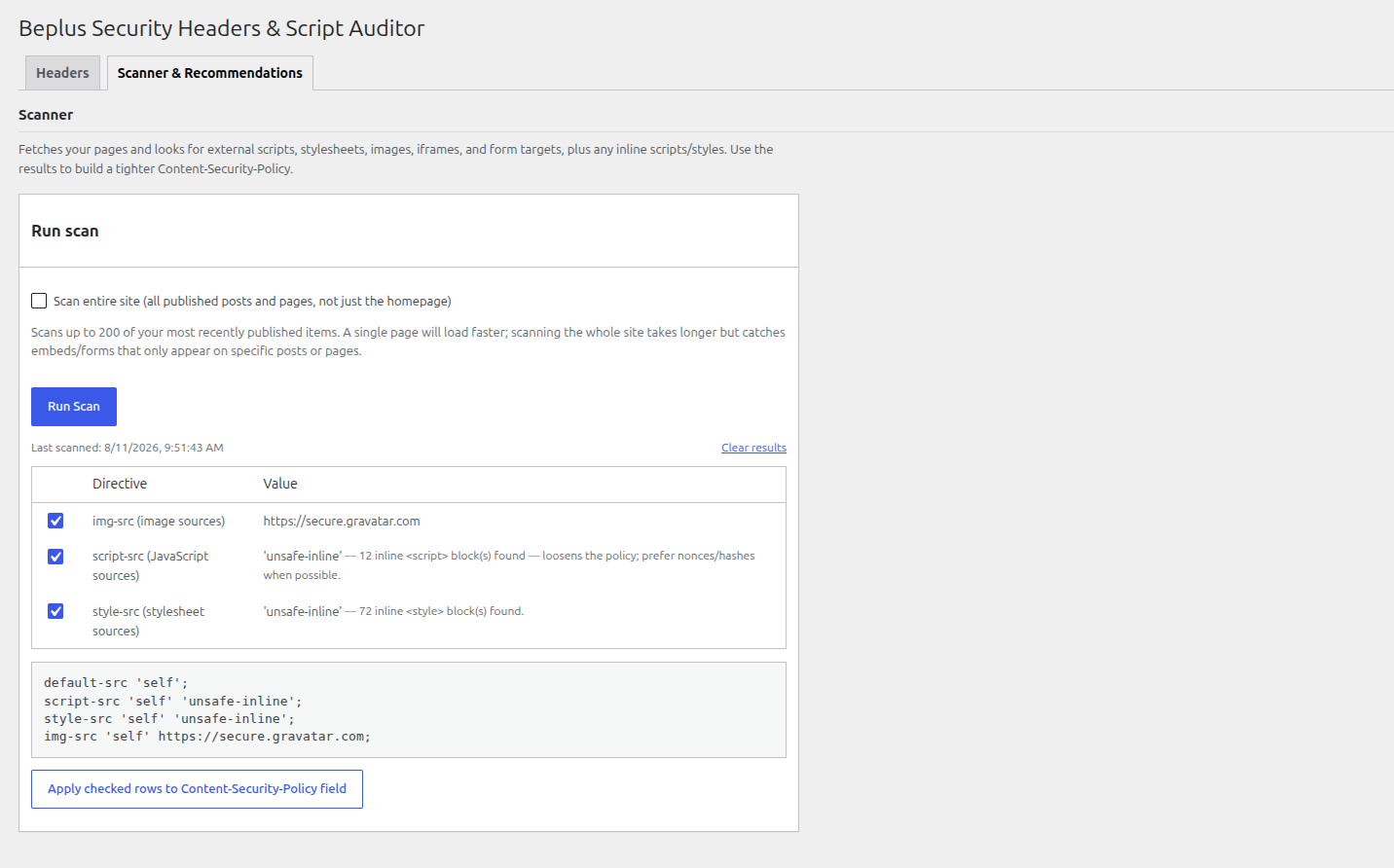 The Scanner tab, showing detected external resources as a checklist and a live Content-Security-Policy preview.