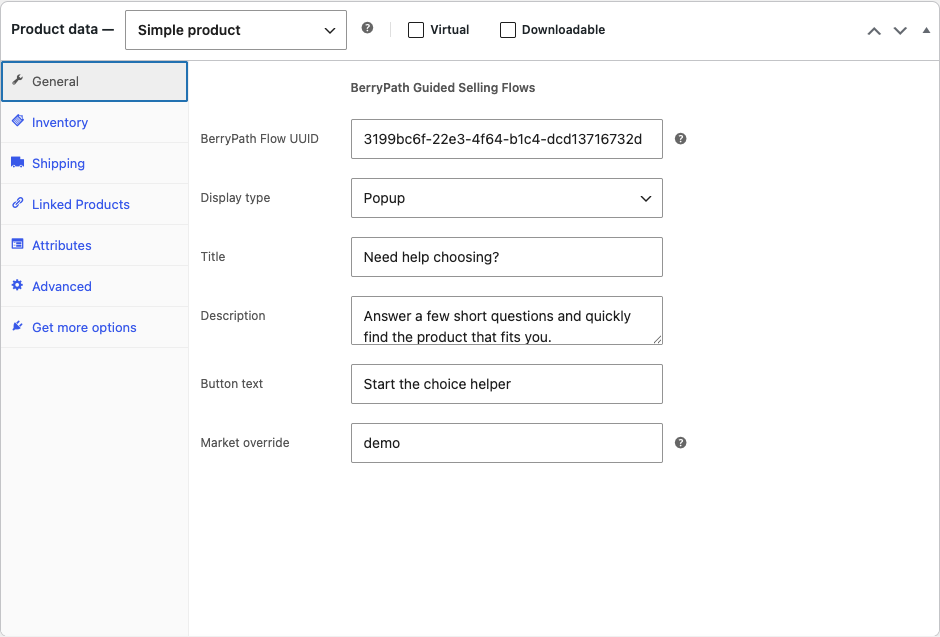 Add a published BerryPath Flow UUID and placement options directly to a WooCommerce product.