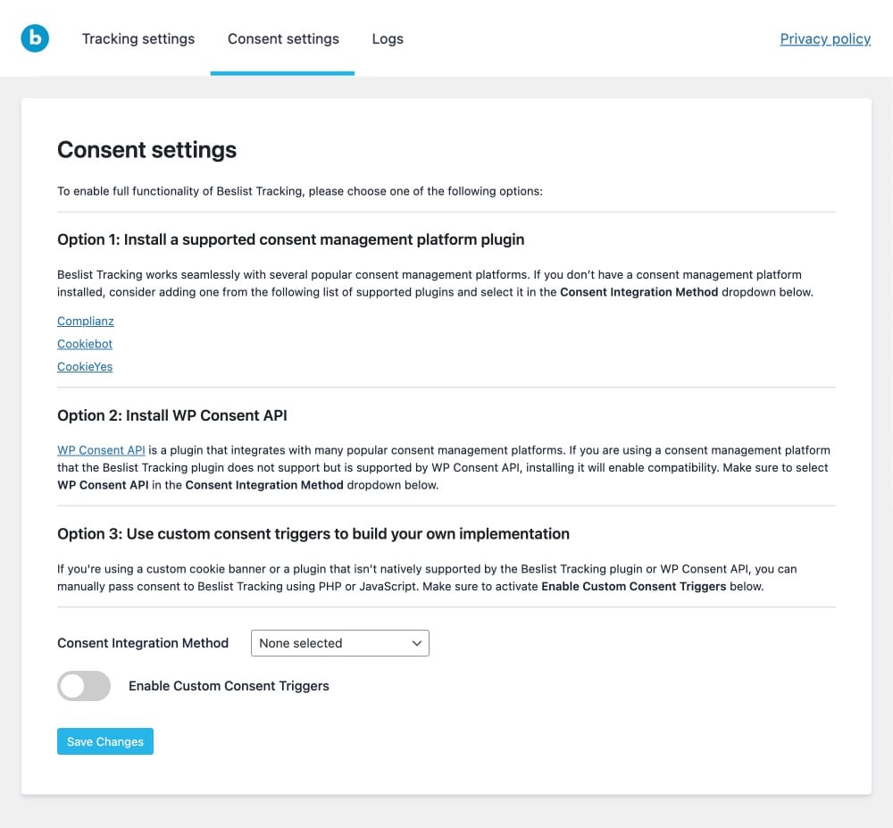 The consent settings page where you verify and change consent settings.