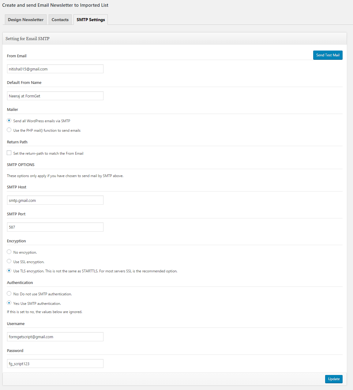 Screenshot of SMTP Settings.