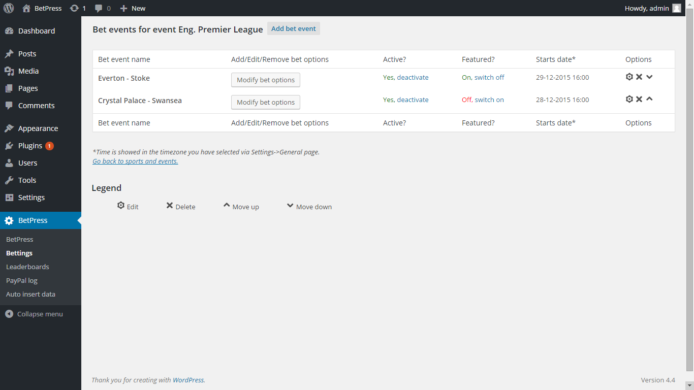 This is the Admin Dashboard page in WordPress. You can see a "BetPress" widget telling you which games (bet events) are already started and waiting for you to edit their betting options' statuses.