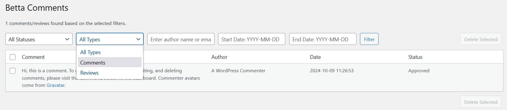 **Filter Options**: A screenshot showing the various filter options available for narrowing down comments and reviews.