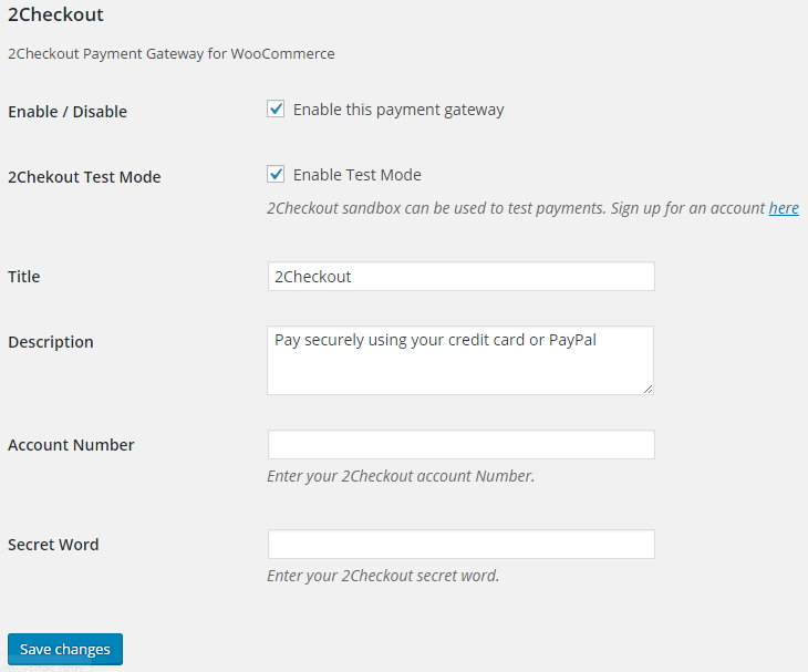 2Checkout settings in WooCommerce.