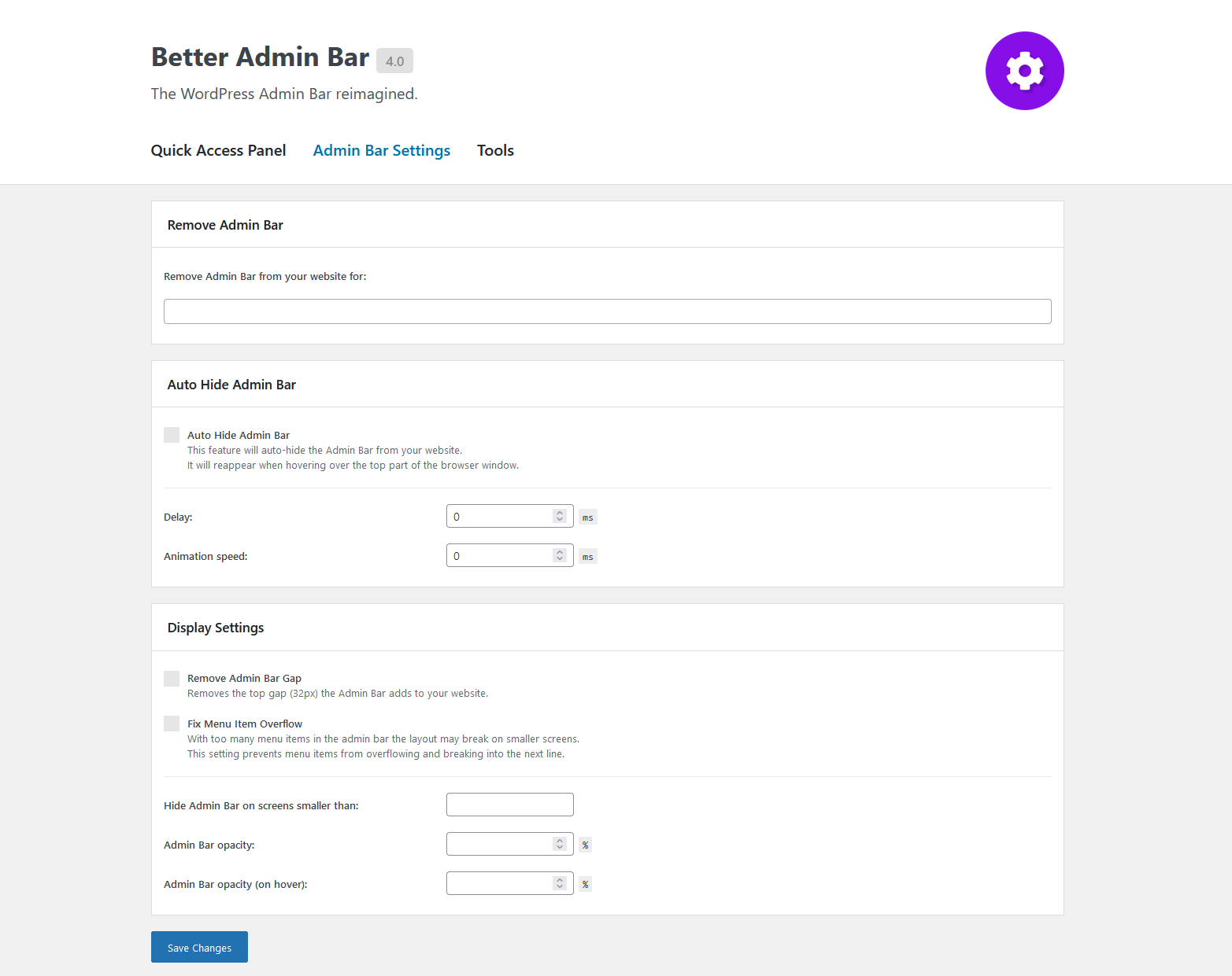 Admin Bar Settings Page