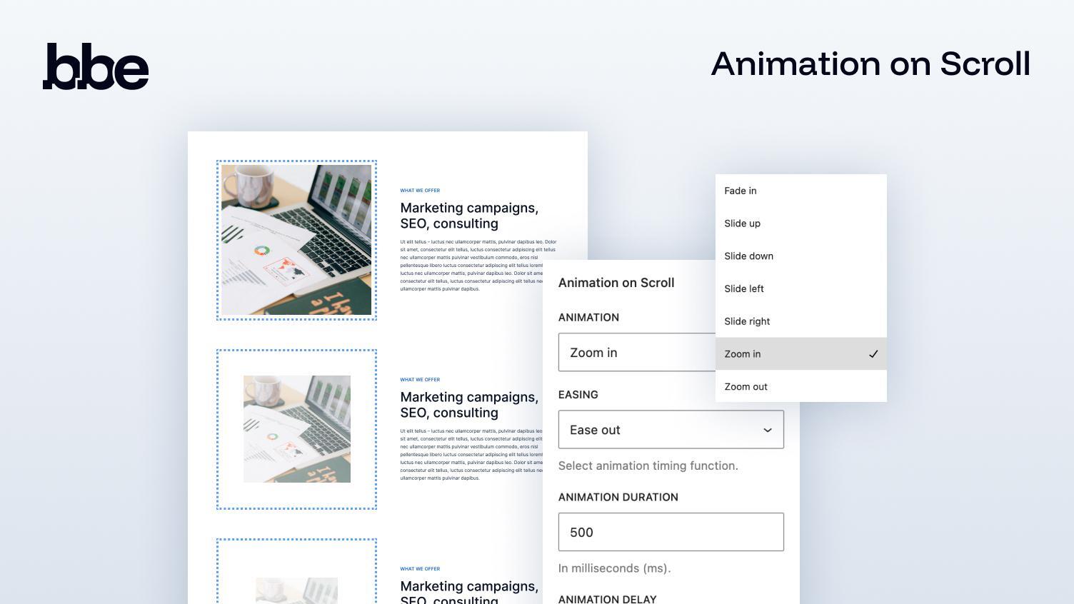 **On-scroll Animation** — configure effect, easing, duration, and delay.