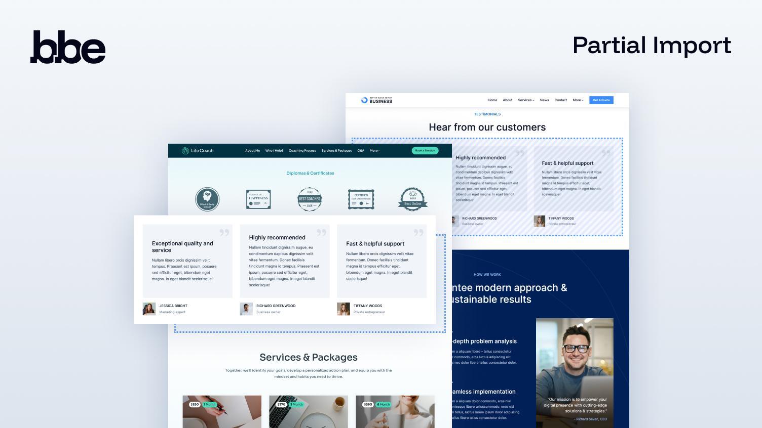**Partial Import** — copy a single page or section; assets import automatically.