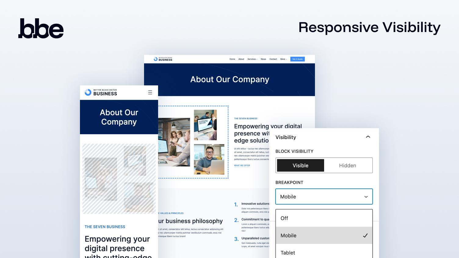 **Responsive Visibility** — set default visibility and switch it at a chosen breakpoint.