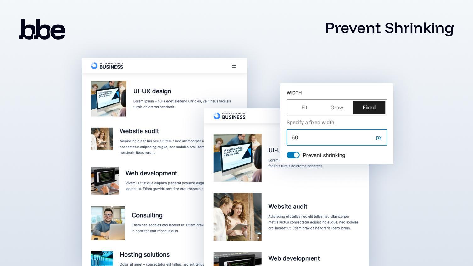 **Prevent Shrinking** — keep fixed/fit-content elements from collapsing on small screens.