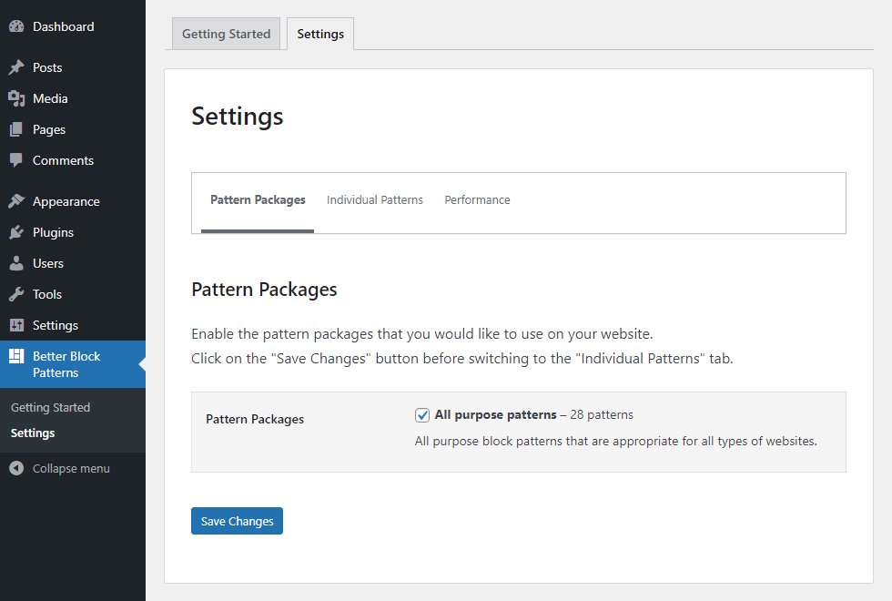 Admin settings on the Better Block Patterns -> Settings -> Pattern Packages screen.