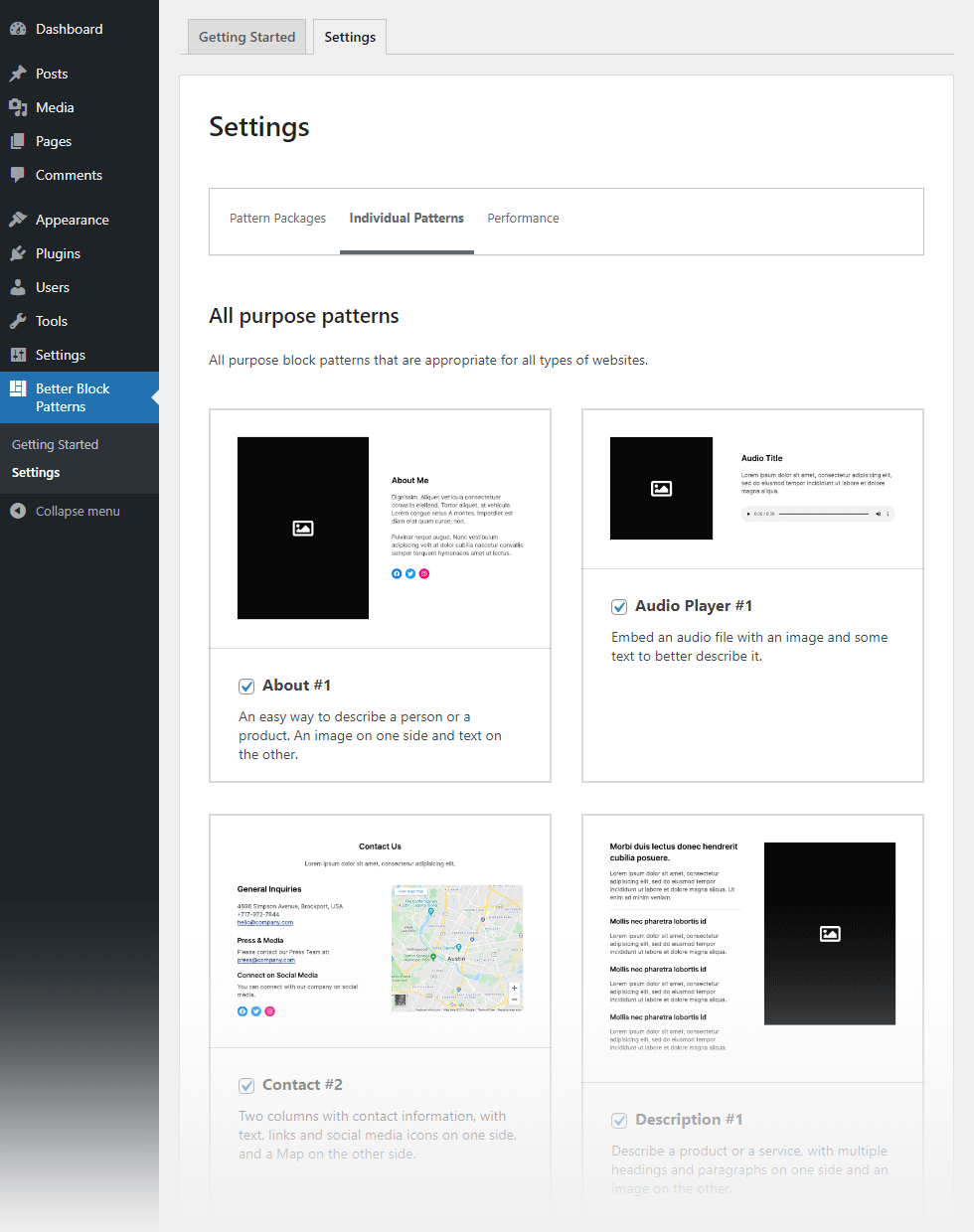 Admin settings on the Better Block Patterns -> Settings -> Individual Patterns screen.