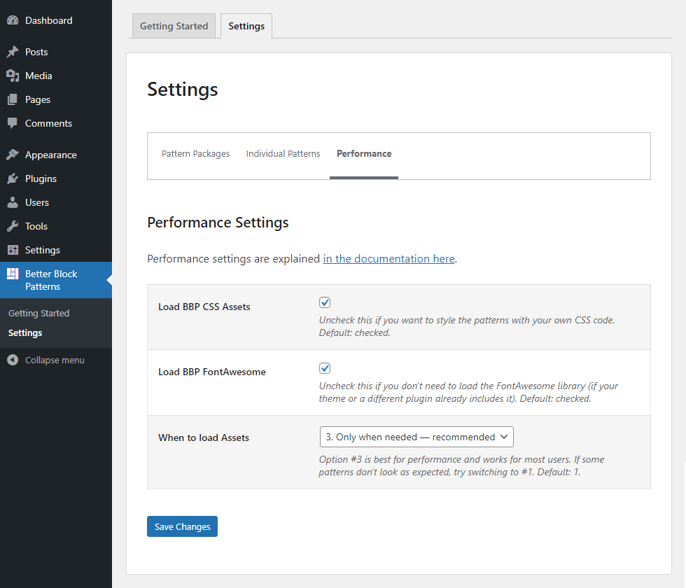 Admin settings on the Better Block Patterns -> Settings -> Performance screen.