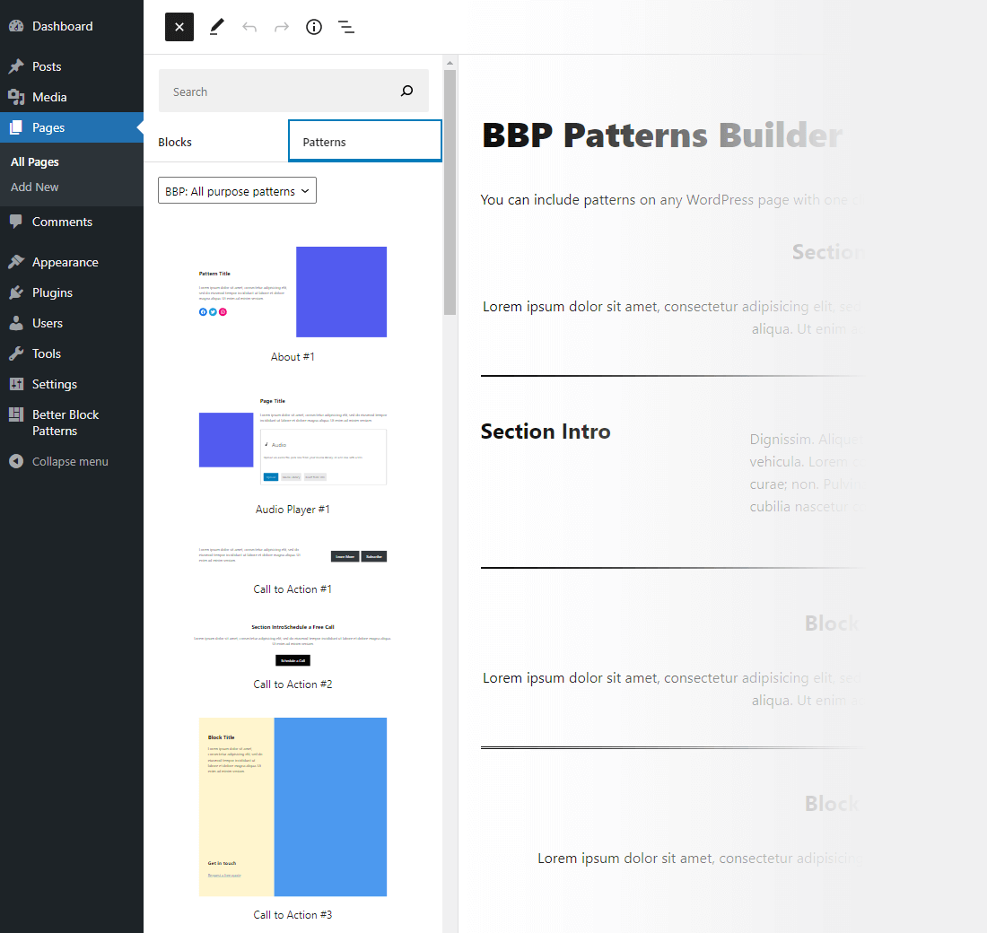 The way to insert a custom block pattern on the Edit Page.