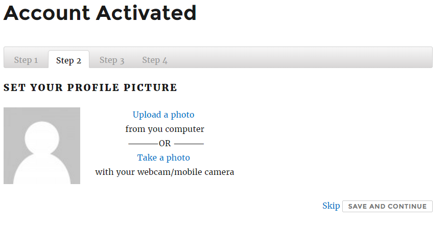 The member can upload or snap a profile photo. Or skip this step.