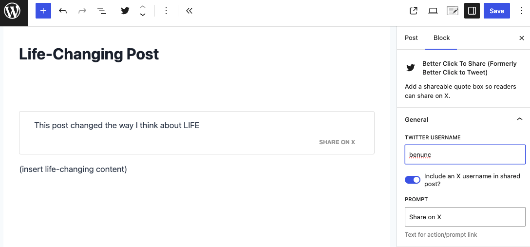 Set your quote and optional "via" handle in the block; readers see a styled share on X box.